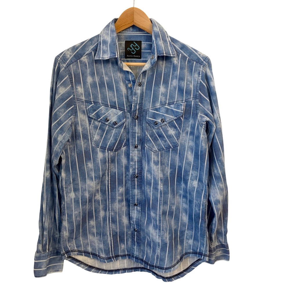 Pinto Ranch YY Western Pearl Snap Shirt Mens S Blue Stripe Acid Wash Ranch Rodeo
